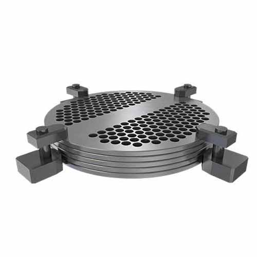 Segmental baffle plates drilled for a tube bundle
